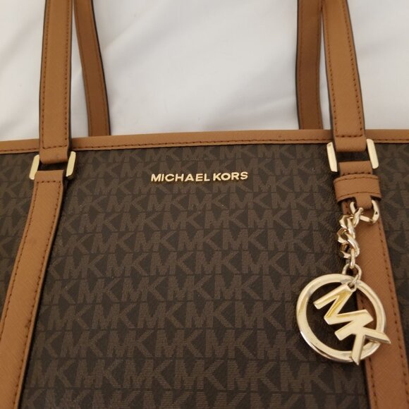 Michael Kors Signature MK Brown & Tan Large Tote Purse - Picture 2 of 14